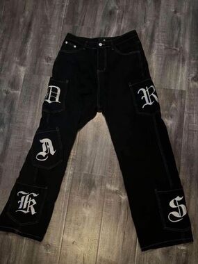 Black Patch Pocket Cargo Pants with White Gothic Lettering